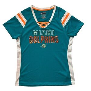Miami Dolphins Teal and Orange V-Neck T-Shirt sequins women’s large NFL jersey